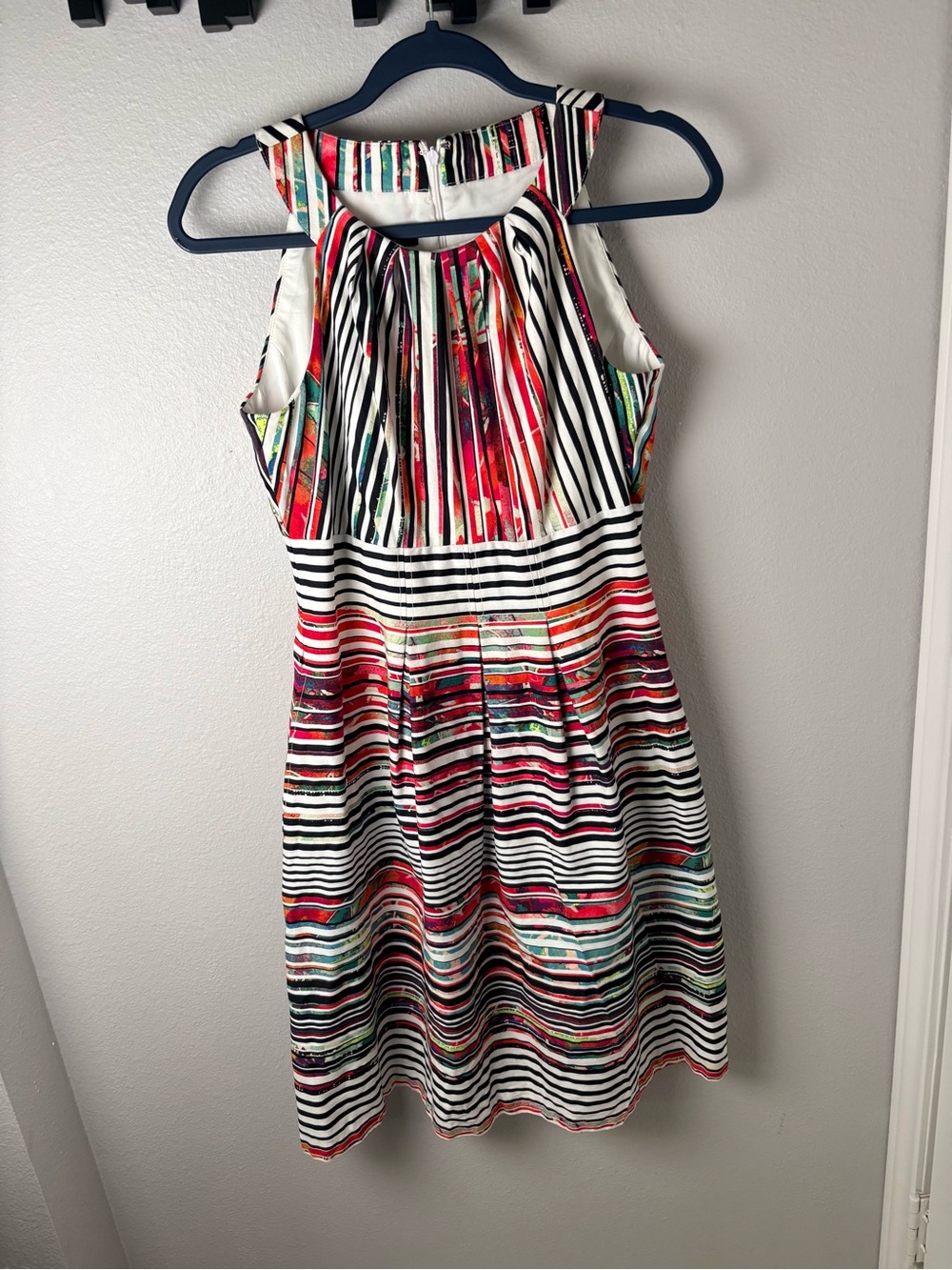 Nine West Multicolor Striped Pleated Fit-and-Flare Dress Womens Size 6